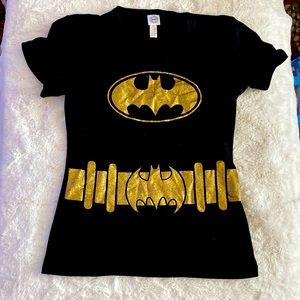 DC comics superhero t-shirt top. Black with sparkly gold . Batman Batgirl womens